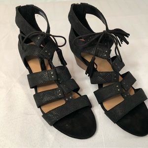 UGG black ankle wrap wedge heeled sandals.  Size 9 1/2.   NWOT.  Leather.